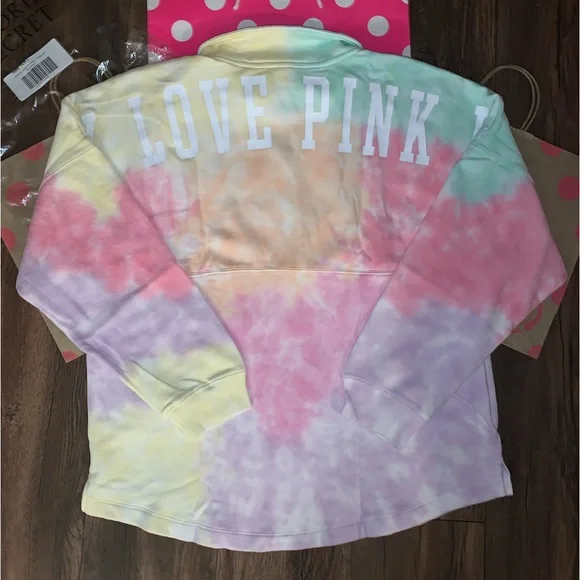 NEW VS PINK Pastel Tie Dye Quarter Zip Logo Varsity Sweatshirt. - Picture 6 of 11